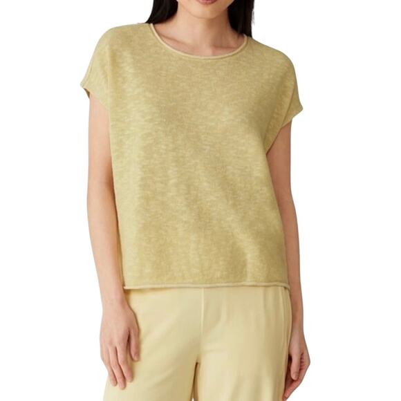 EILEEN FISHER Organic Linen Cotton Knit Slub Square Top L Yellow Classic Resort - Picture 1 of 11